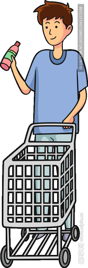 男子手持物品推购物车