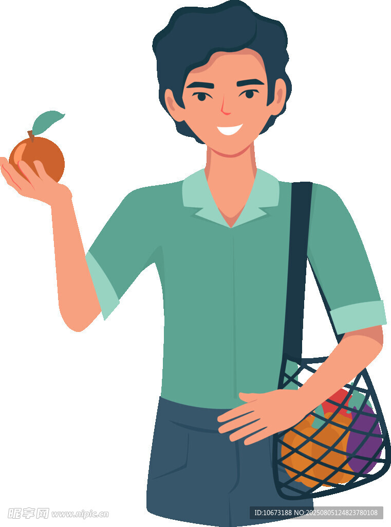 男子手持苹果手提蔬果篮