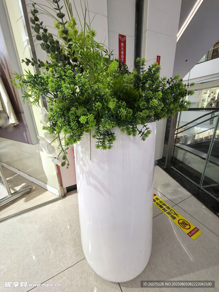 白色花盆中的仿真绿植景观