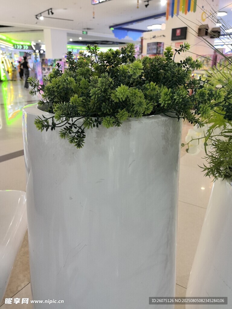 商场内的仿真绿植装饰花盆