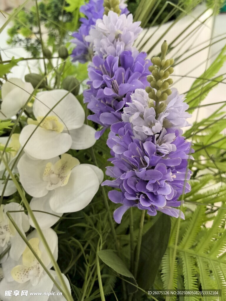 仿真紫白花卉与绿植特写