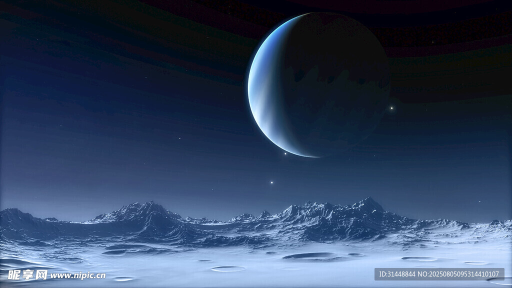 夜空下的月球与雪山景观