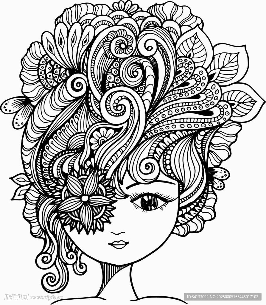 梦幻花纹装饰的神秘少女