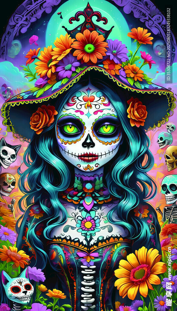 亡灵节风格的美丽骷髅女郎