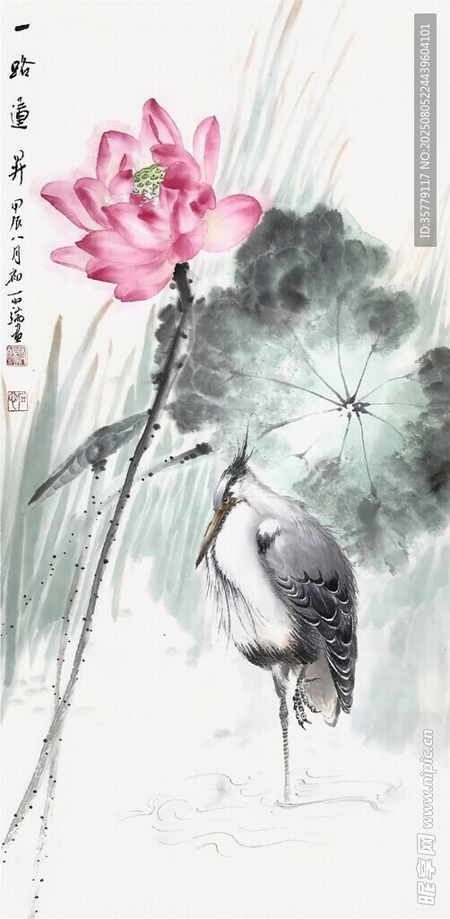 水墨荷花与鹤的雅致图景