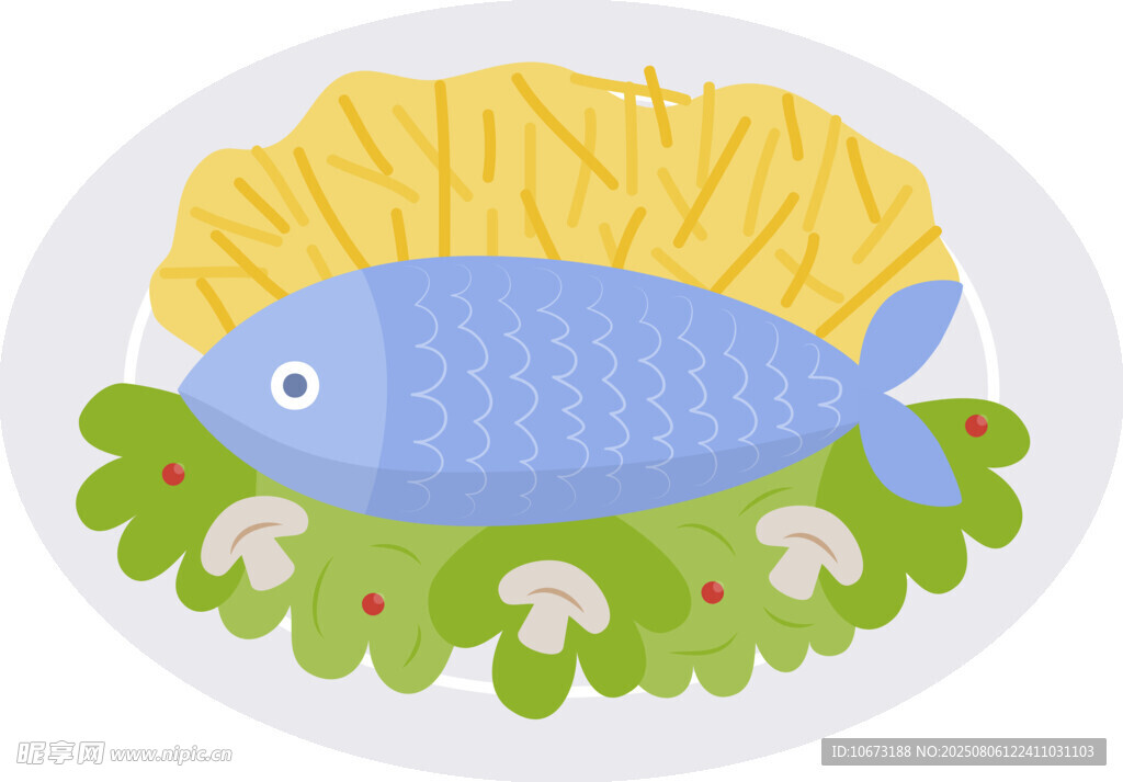 卡通小鱼与蘑菇美食插画