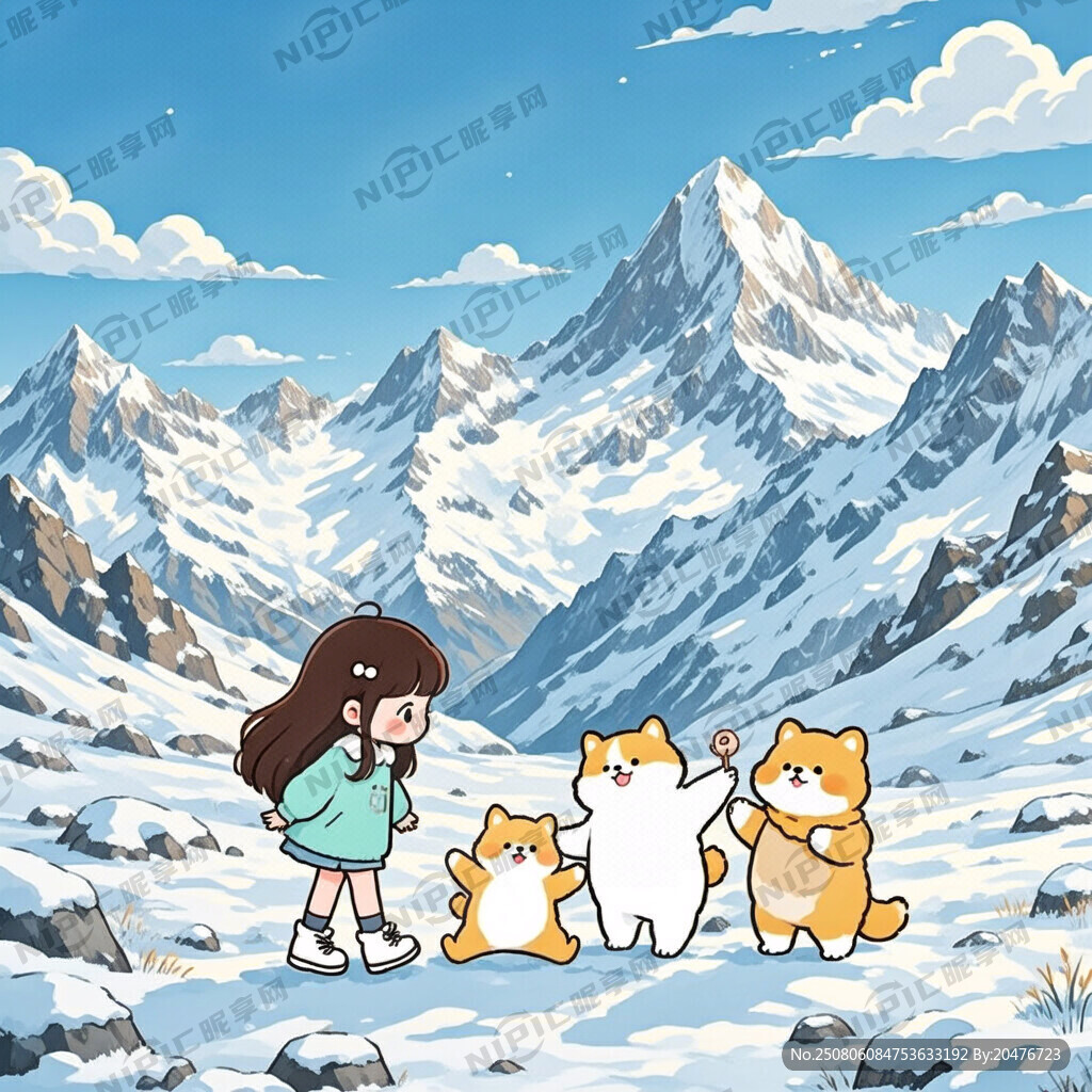 少女 雪山 动物 唯美  卡通