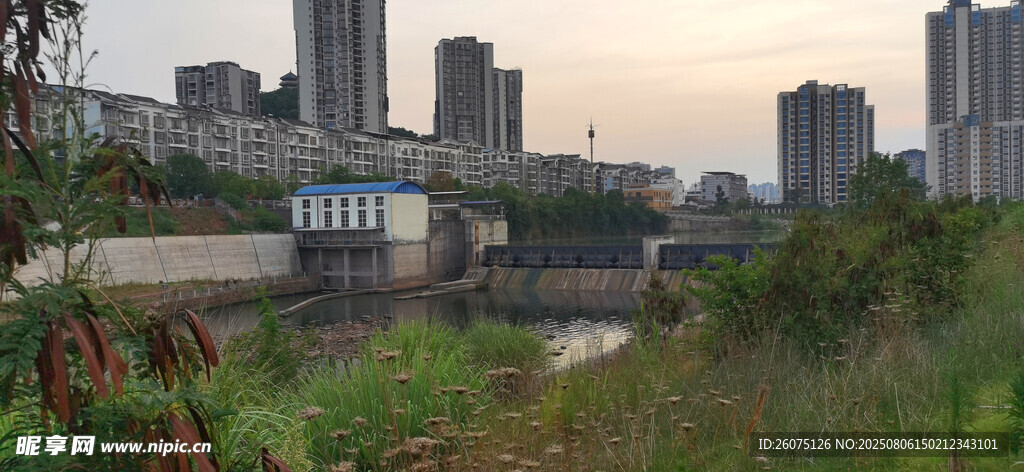 城市河畔水站风光