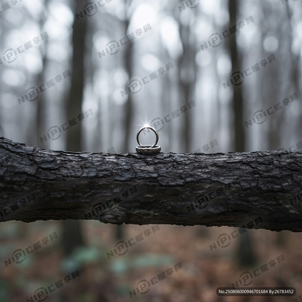 一枚戒指放置在深色的树枝上