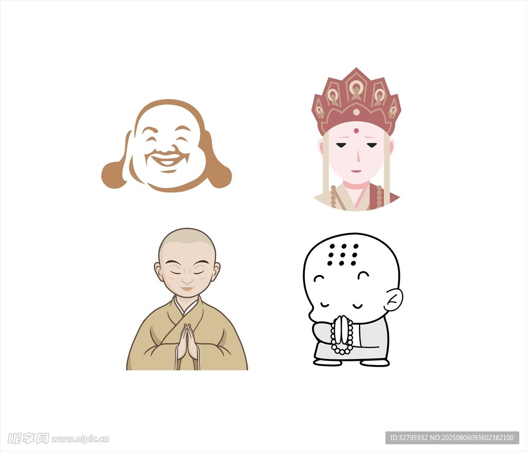 卡通风格的不同僧人形象