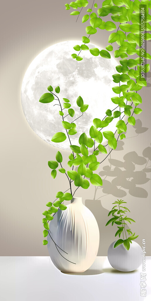 白色花瓶中垂吊绿植景观