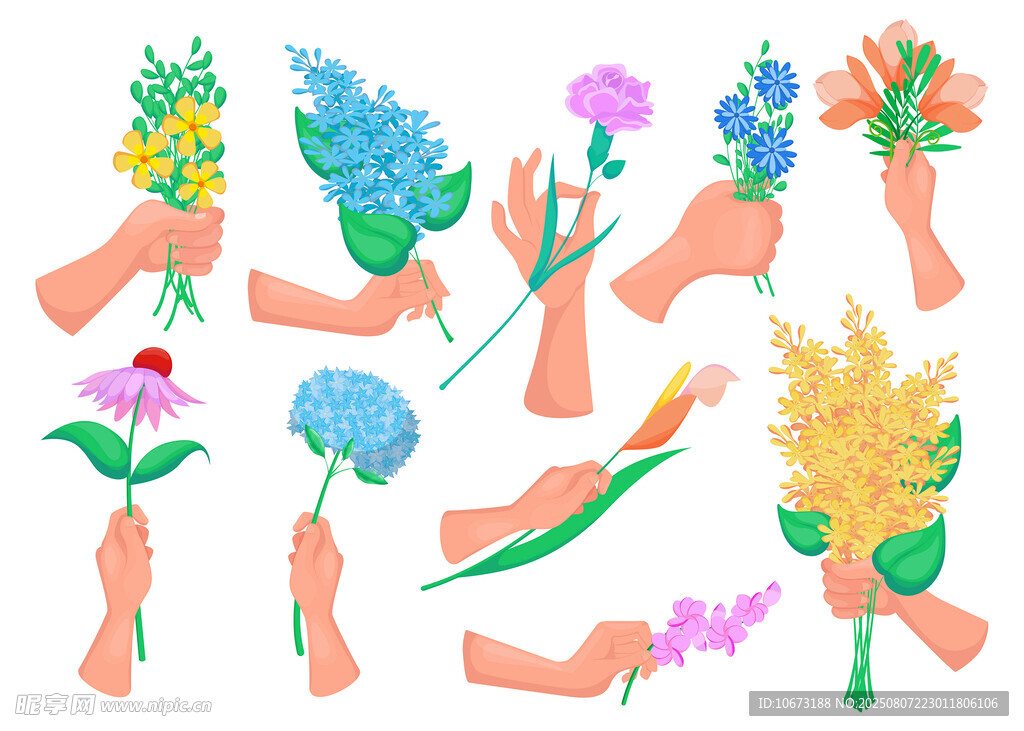 手捧多彩花束插画