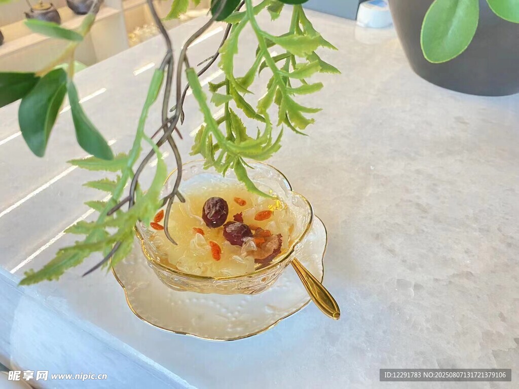 精致甜品装点绿植旁下午茶
