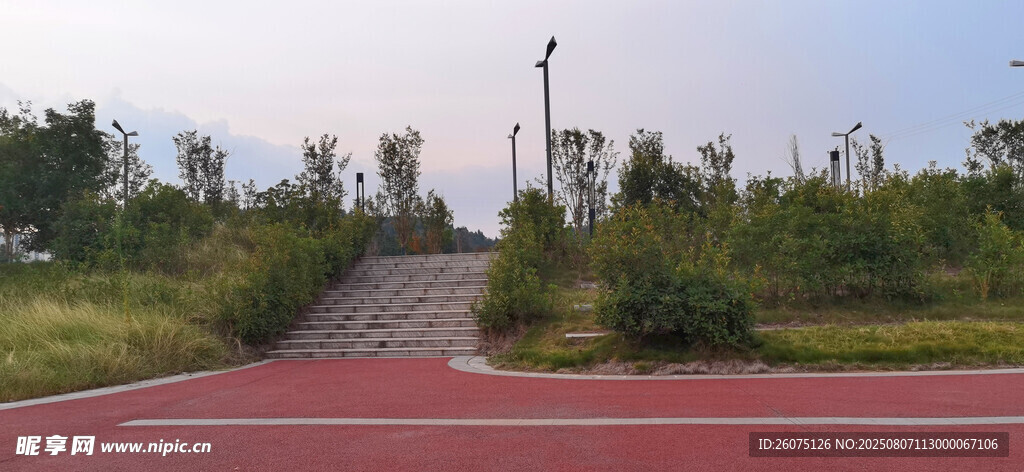户外红色步道与绿植景观