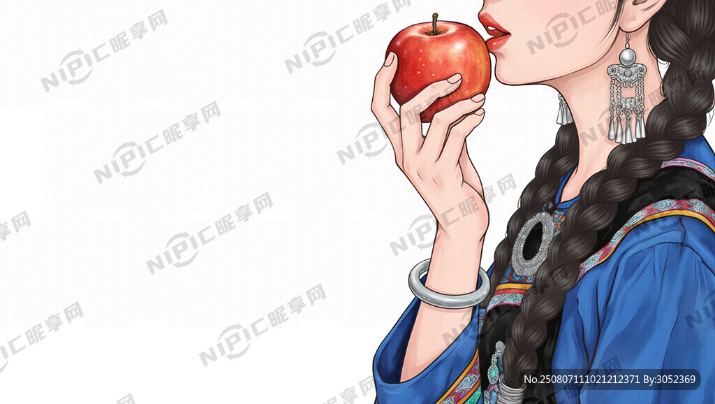 手绘 穿彝族服装女孩吃红苹果
