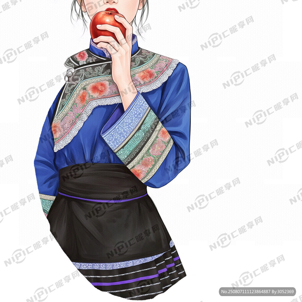 手绘 穿彝族服装女孩吃红苹果