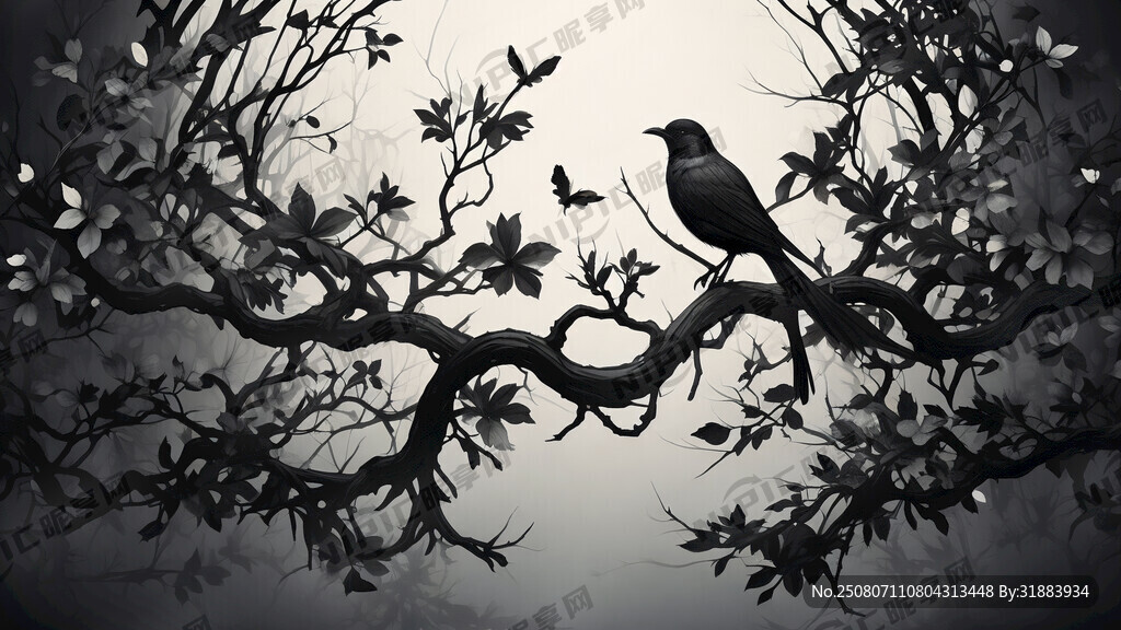 要一个很长的纯黑色树枝花鸟剪影