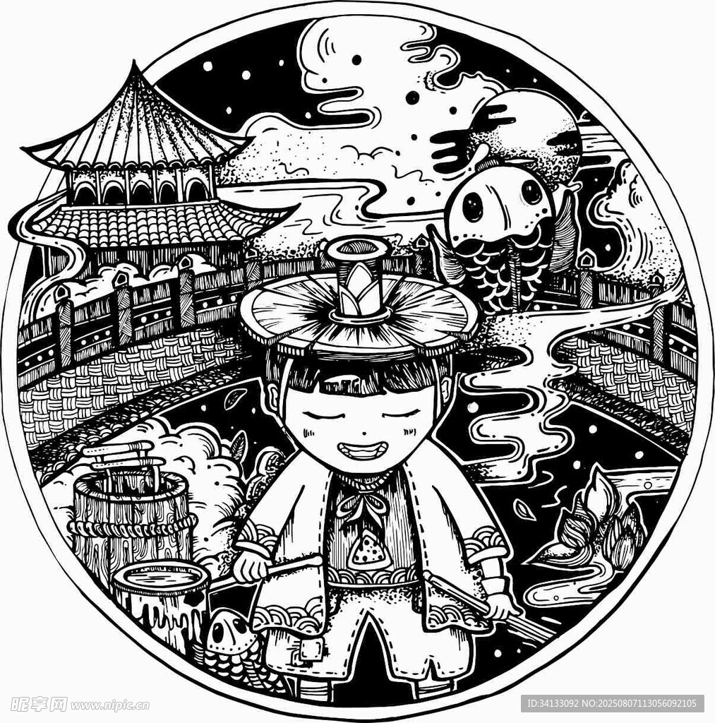 古风少年于奇幻月夜之景