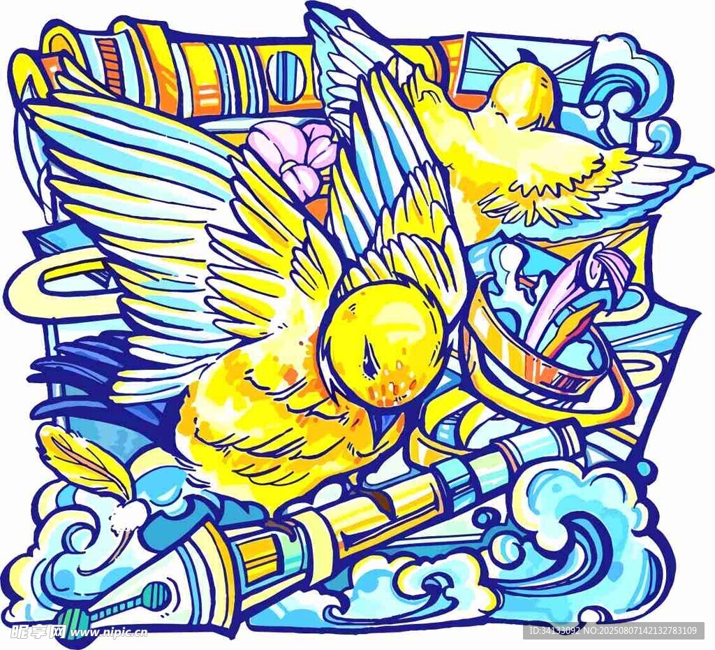 梦幻飞鸟涂鸦艺术插画