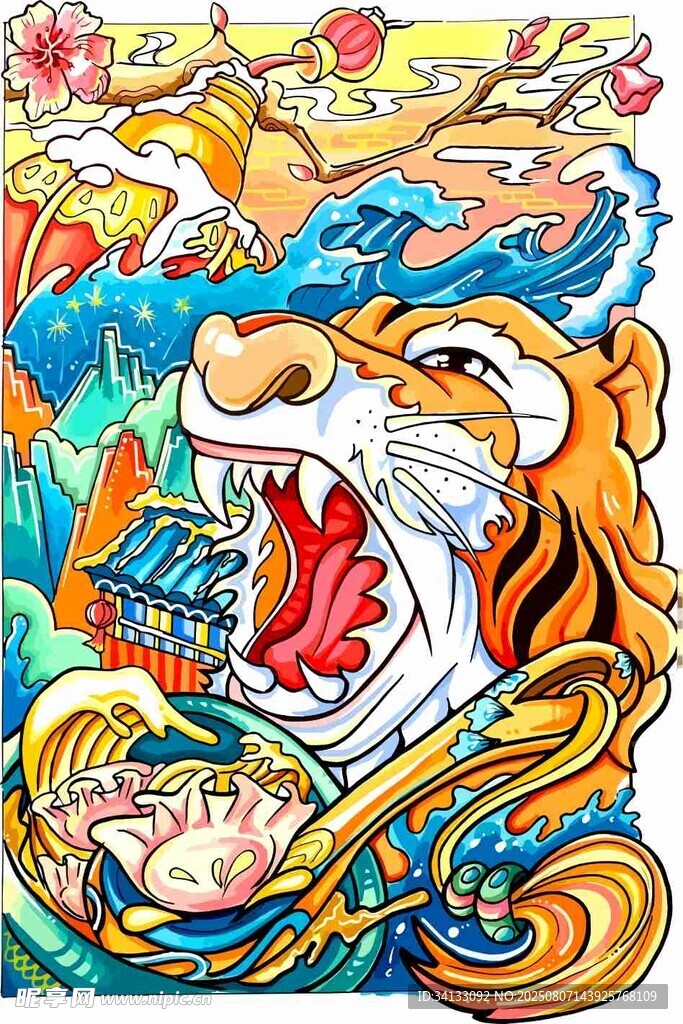 国潮风猛虎插画虎年艺术作品