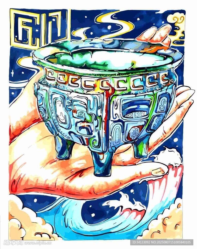 手捧古风青铜鼎奇幻画面