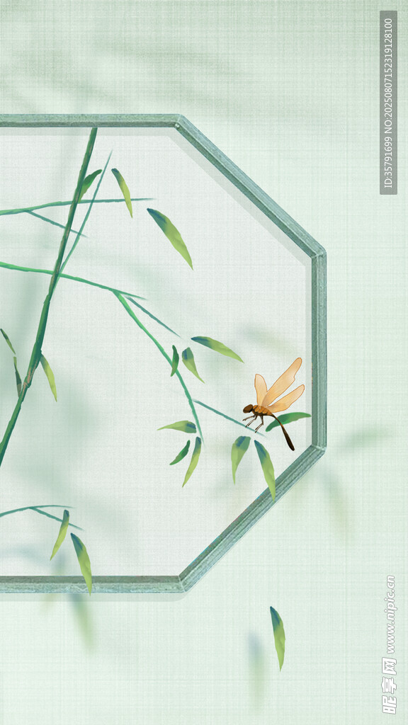 中式八角框中翠竹飞鸟图