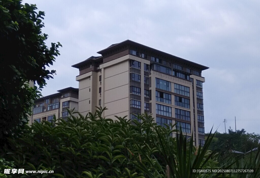 绿树环绕中的多层建筑