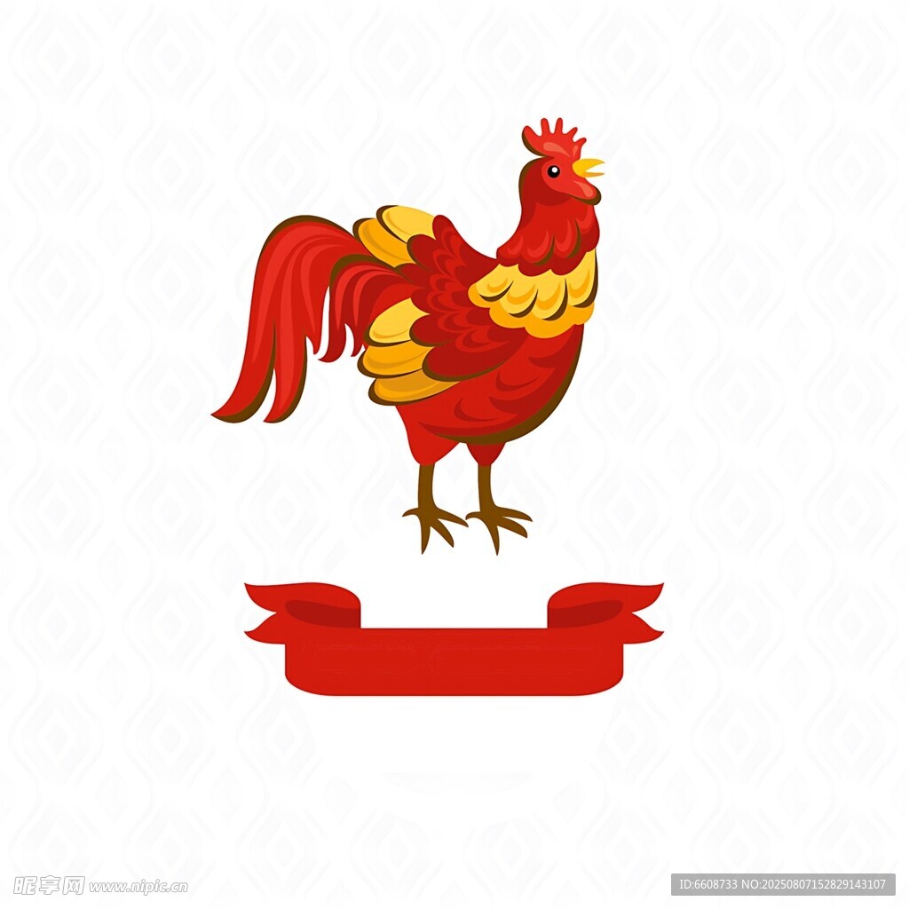 红色公鸡图案下方红飘带