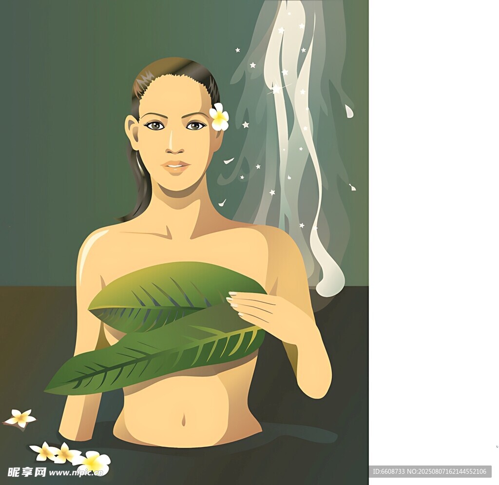 女子享受绿植花瓣沐浴时光