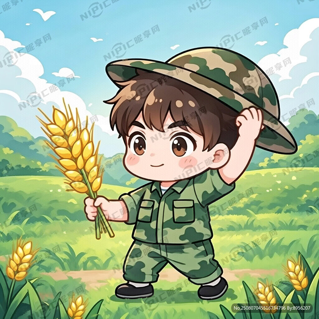 身着绿色迷彩服 一手持麦穗