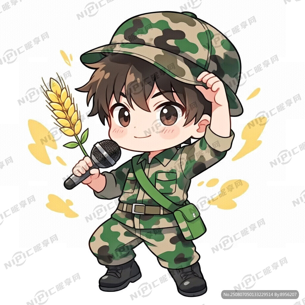 身着绿色迷彩服 一手持麦穗