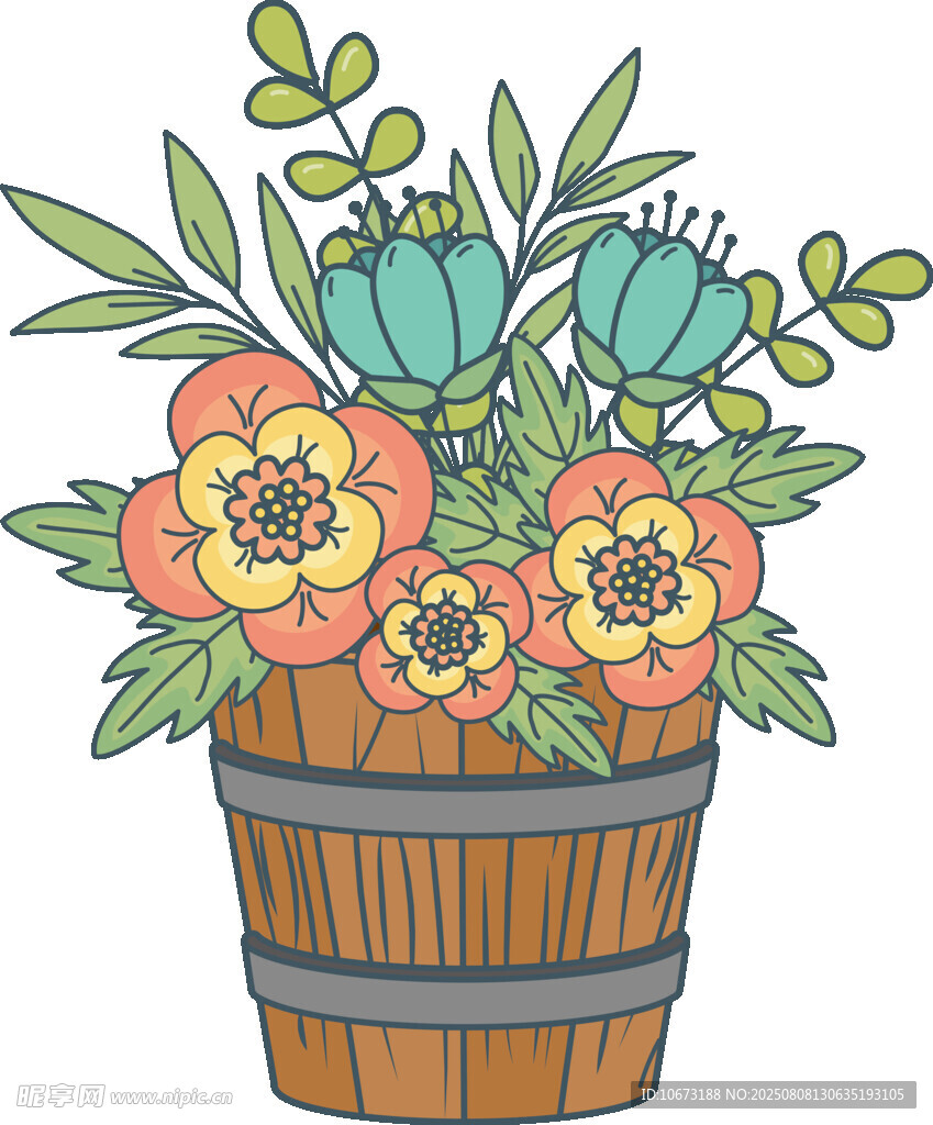 木桶中的多彩花卉插画