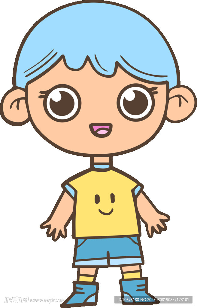 蓝发小男孩穿黄衣