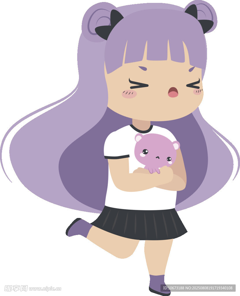 抱猪玩偶的紫发俏皮女孩