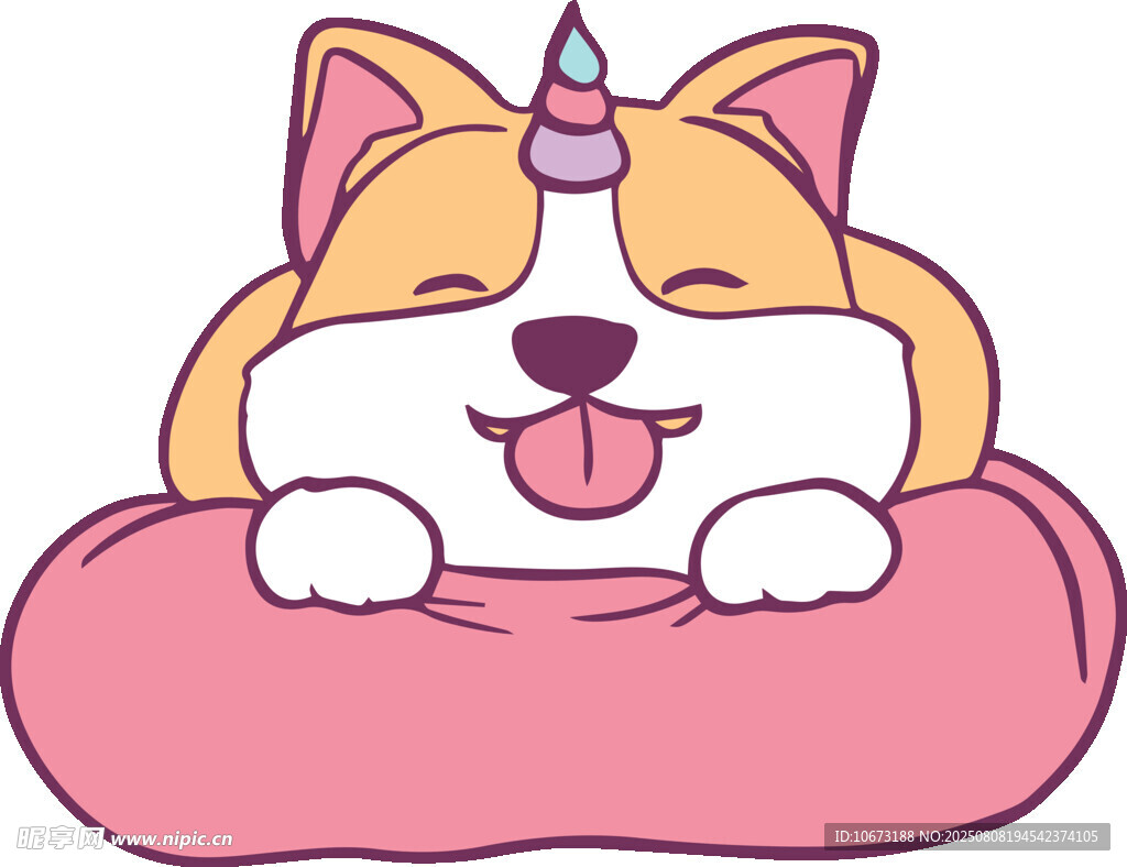 独角兽柯基惬意趴枕上