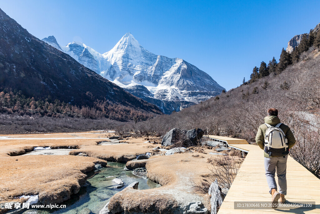 徒步者穿行于雪山河谷间