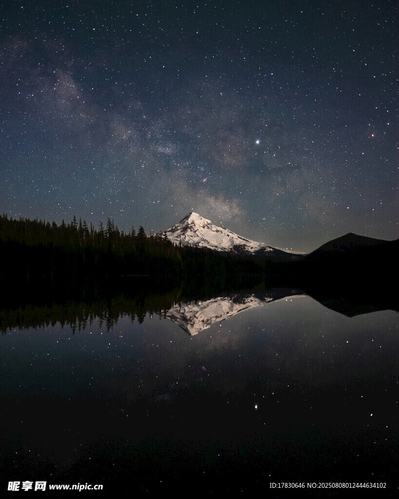 静谧湖畔雪山星空夜景