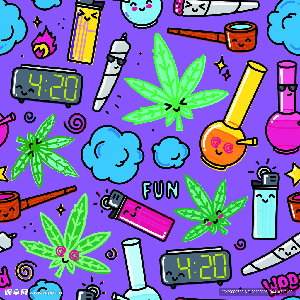紫色背景的大麻主题涂鸦元素