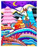 卡通圣诞驯鹿白兔风景插画装饰画