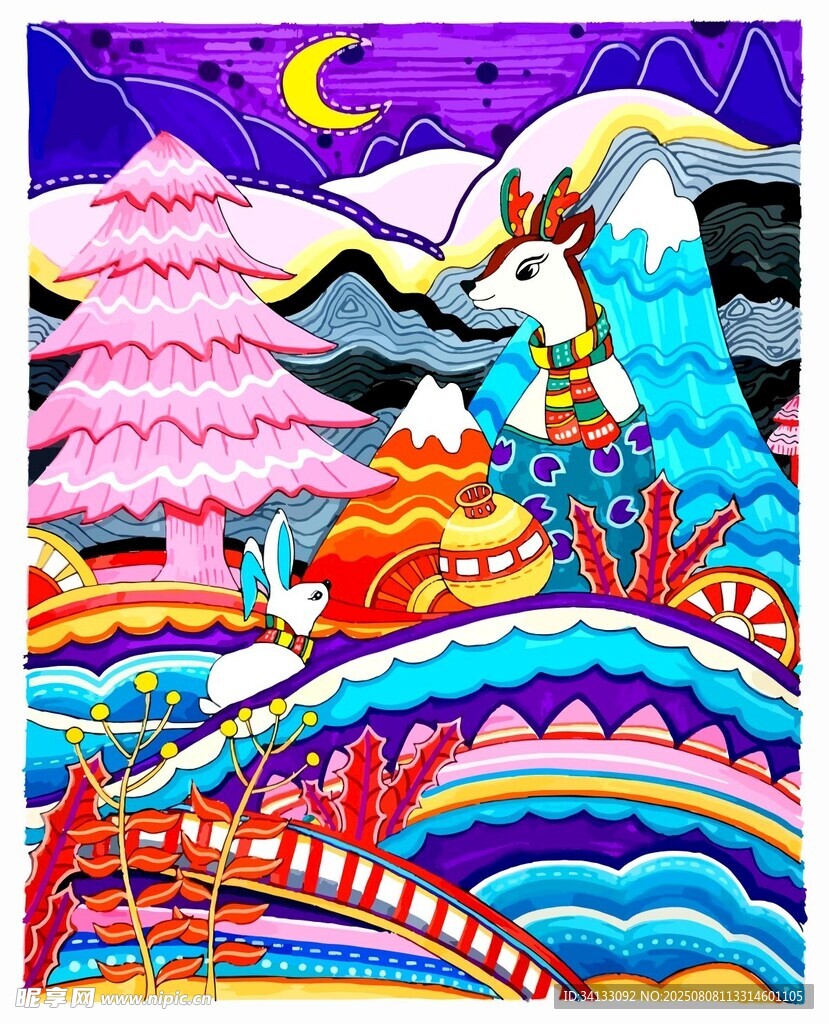 卡通圣诞驯鹿白兔风景插画装饰画