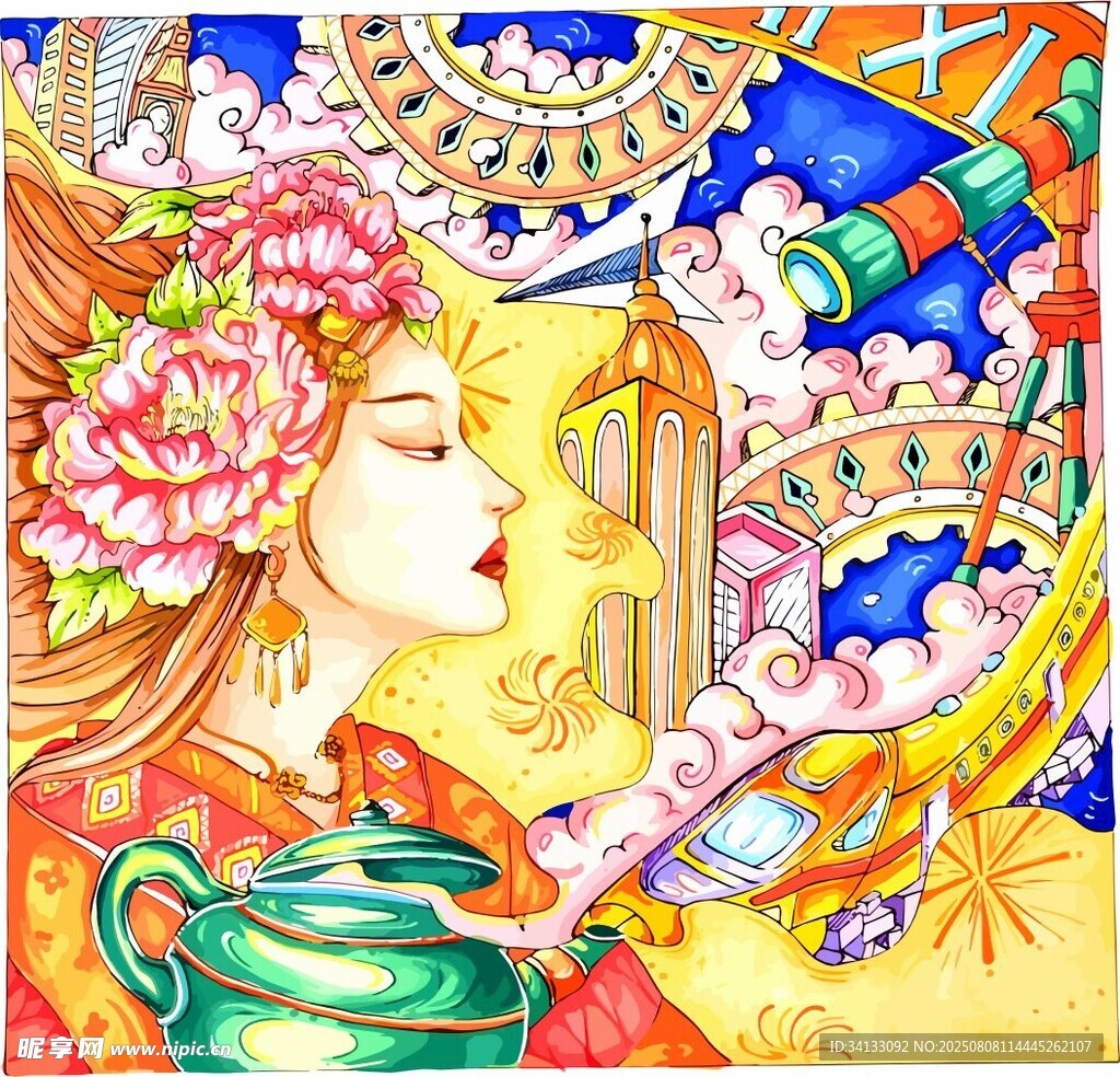 古风女子与奇幻元素插画装修饰画
