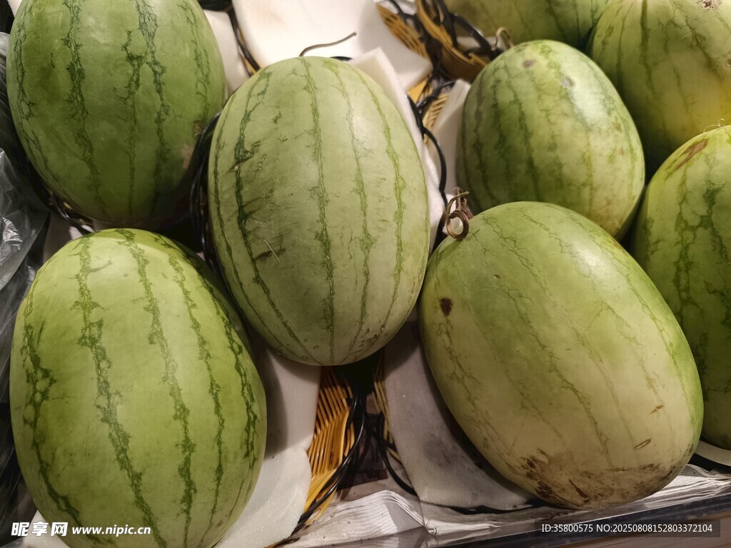 新鲜翠绿的多个西瓜摆放