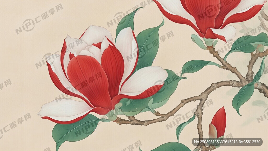红玉兰花 工笔
