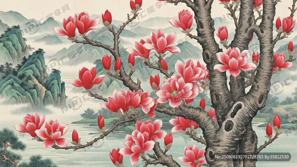 红玉兰花 工笔画 花要小一点