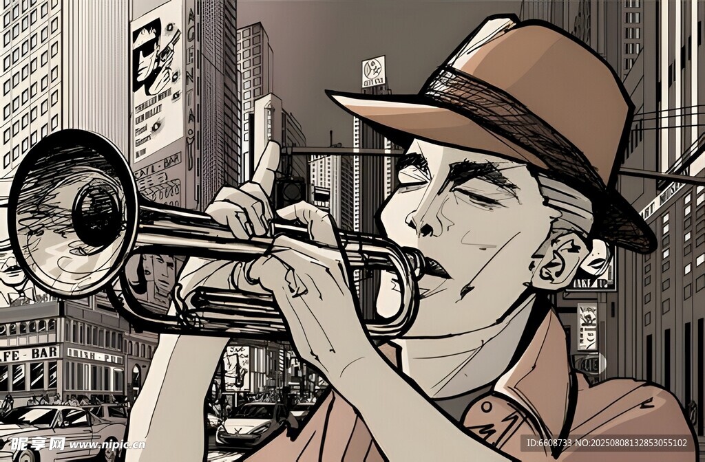 街头吹小号的复古风男子
