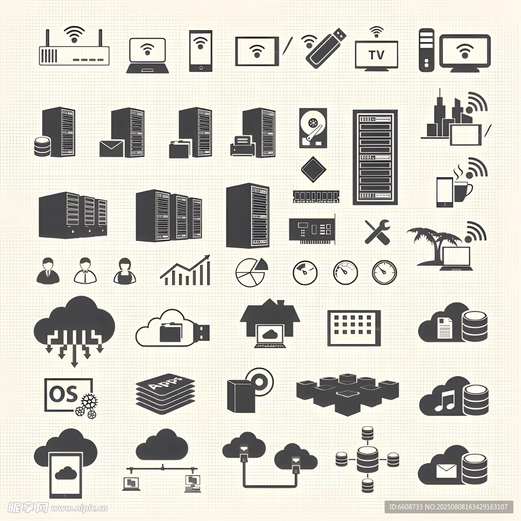 多样建筑与科技图标集合