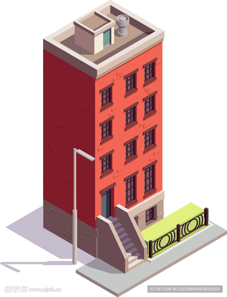 红色多层建筑与街边设施
