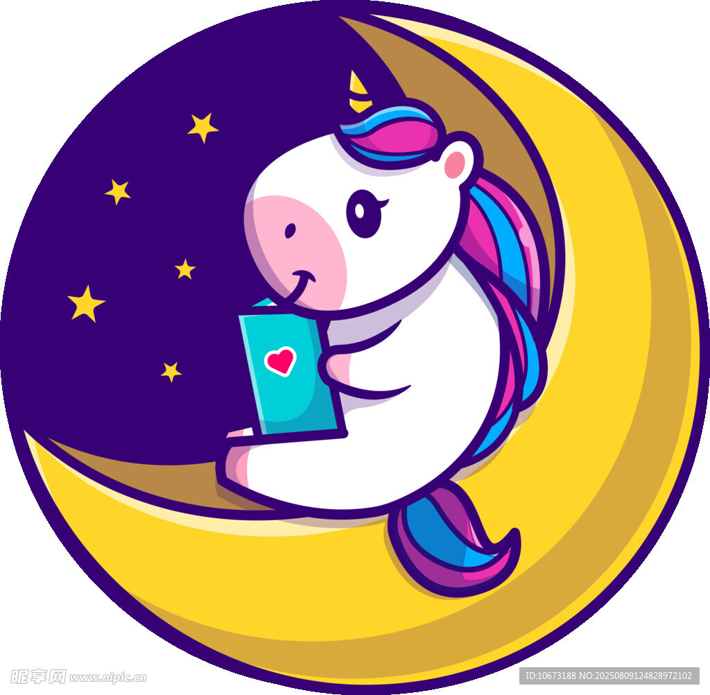 独角兽于月牙上惬意看书