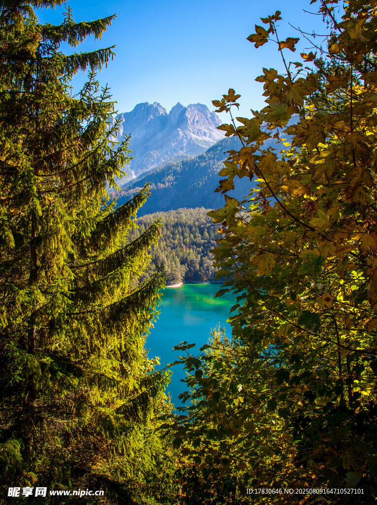 山林间的澄澈蓝湖美景