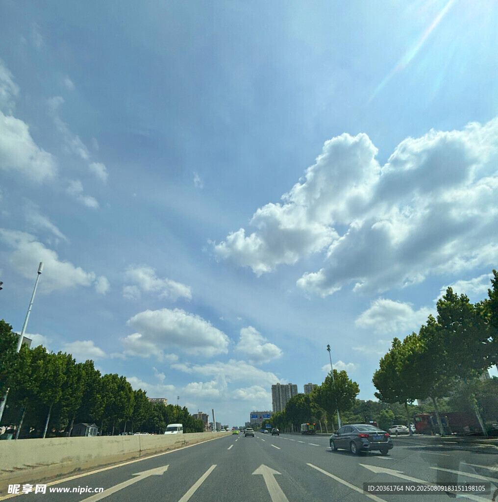 公路上的蓝天白云绿树